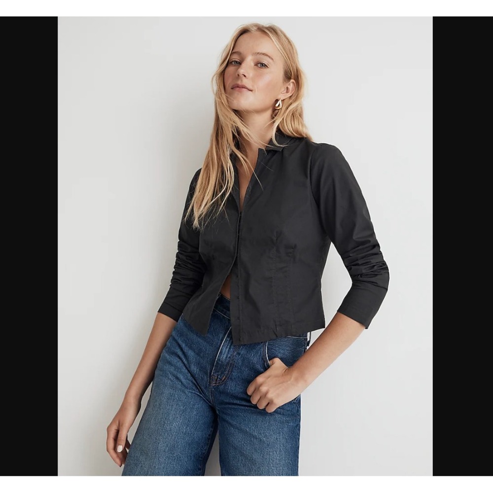 Madewell NEW NWT Womens 2 Black Poplin Hook Front Shrunken Shirt